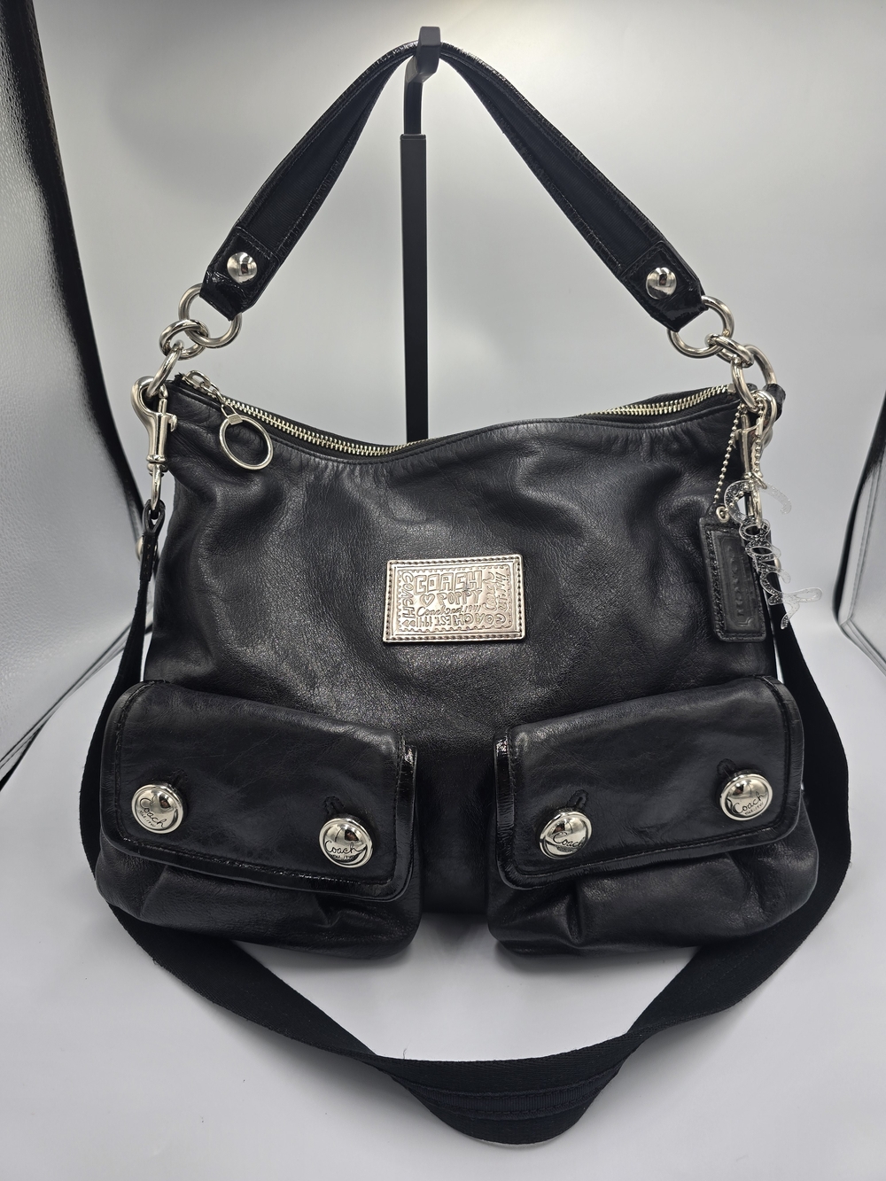 COACH 14561 Poppy Black Leather & Patent Hobo Shoulder Bag Purse Crossbody *READ